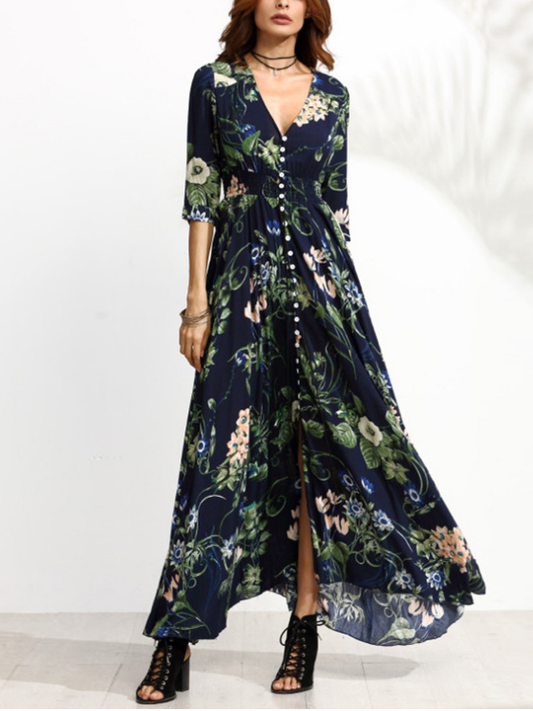 Women Single-Breasted Mid Sleeves Printed Maxi Dress