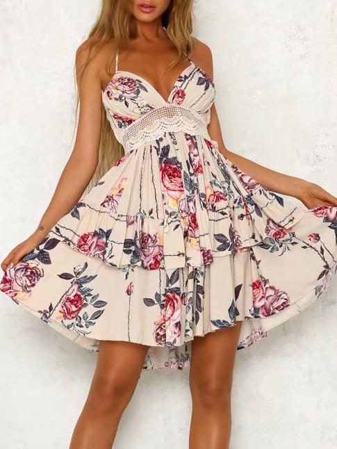 Print Spaghetti Strap Lace Splice Mini Dress