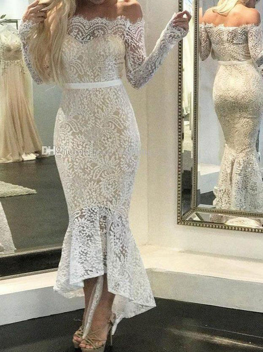 Lace Off Shoulder Long Sleeve Irregular Evening Maxi Dress