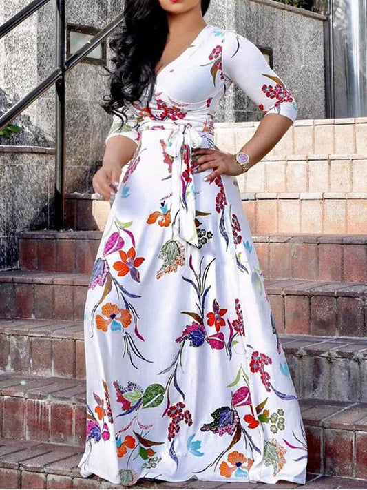 Sexy V Neck Floral Printed Big Swing Maxi Dress