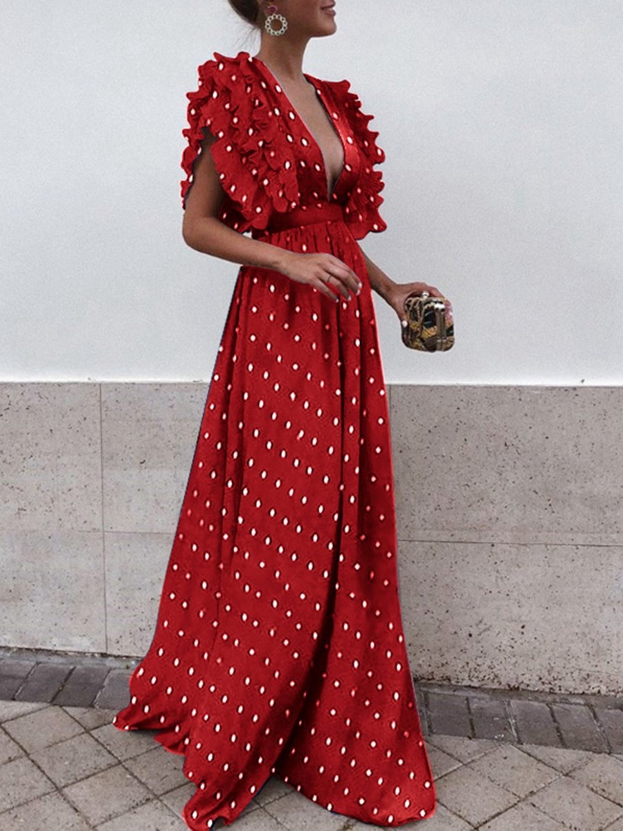 Polka Dot Deep V Neck Evening Maxi Dress