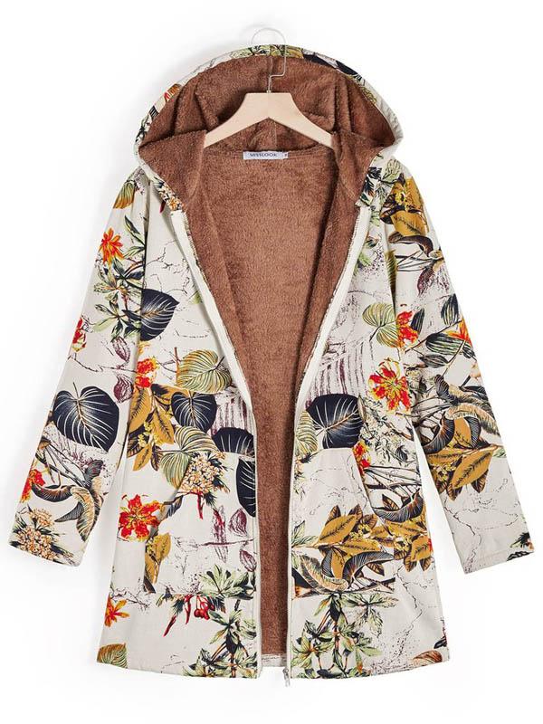 Retro Long Sleeve Leaves Floral Print Hoodie Outwear