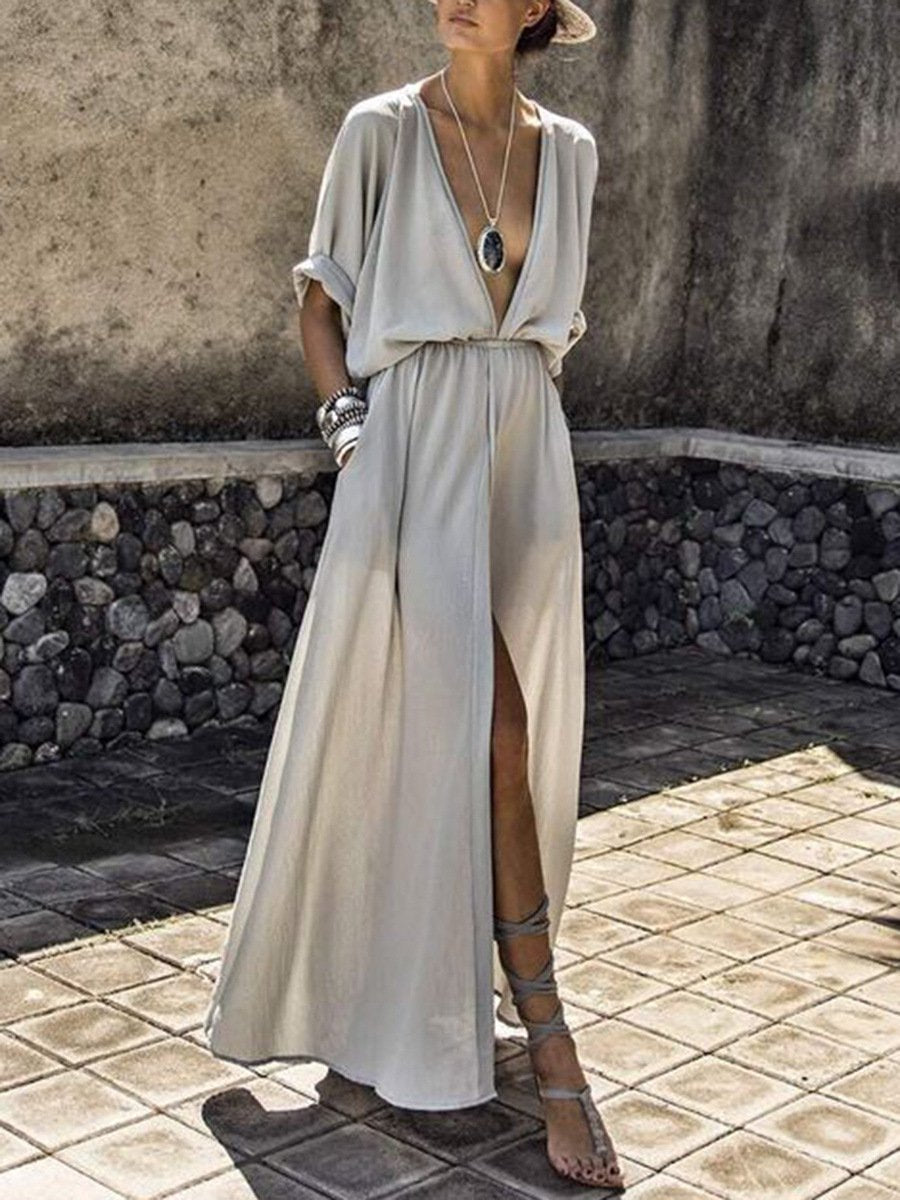 Solid Color V Neck Short Sleeve Split Maxi Dress