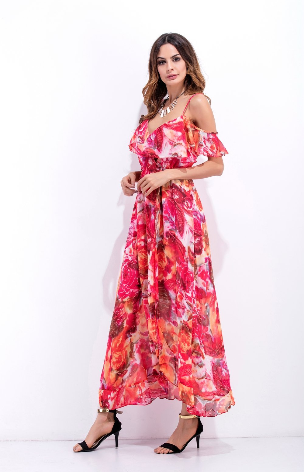 Sexy Spaghetti Strap Printed Chiffon Split Bohemia Maxi Dress