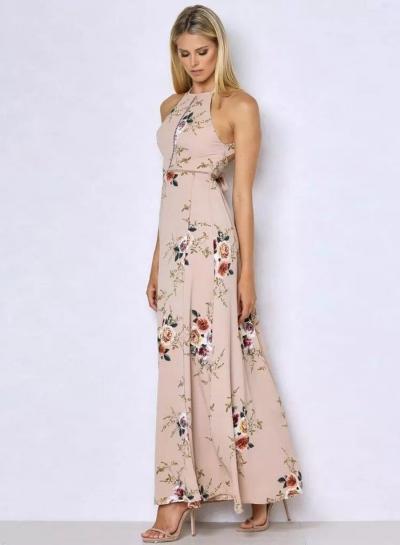 Sleeveless Polyester Halter Neck Floral Print Maxi Day Going Out Dress