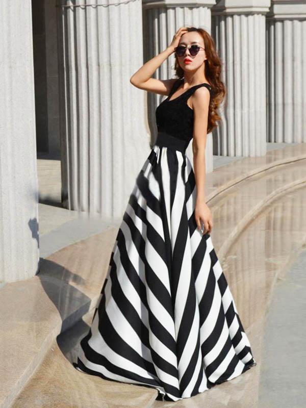 Striped Split-joint Sleeveless Evening Dress