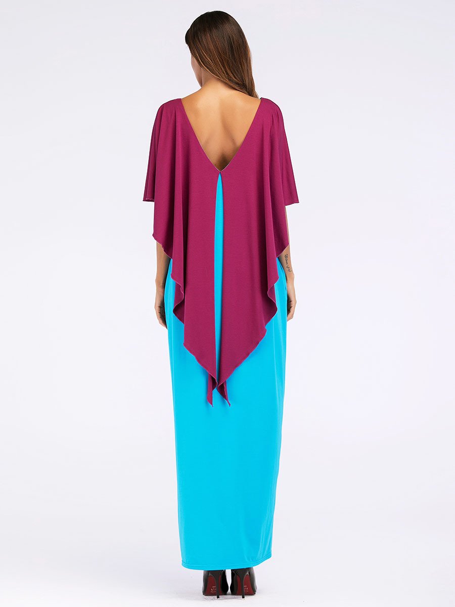 Fashion Contrast Color Asymmetry Cloak Patckwork Design Maxi Long Dress