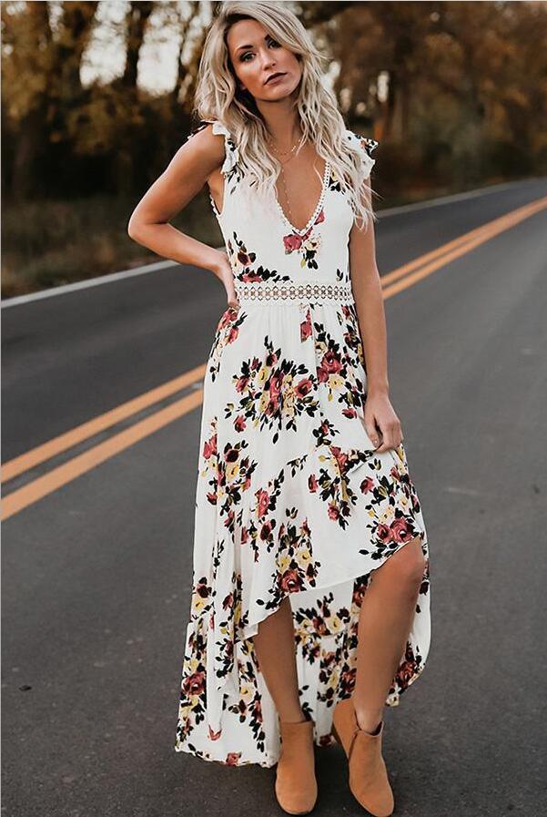 Sexy dress sleeveless V-neck print irregular long dress