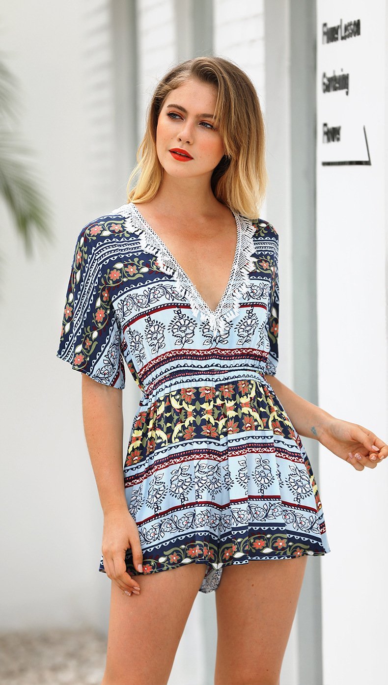 Print Deep V Neck Short Sleeve High Waist Jumpsuit Rompers