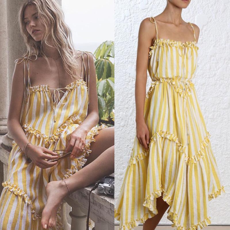 2018 Stripe Sleeveless Irregular Beach Dress