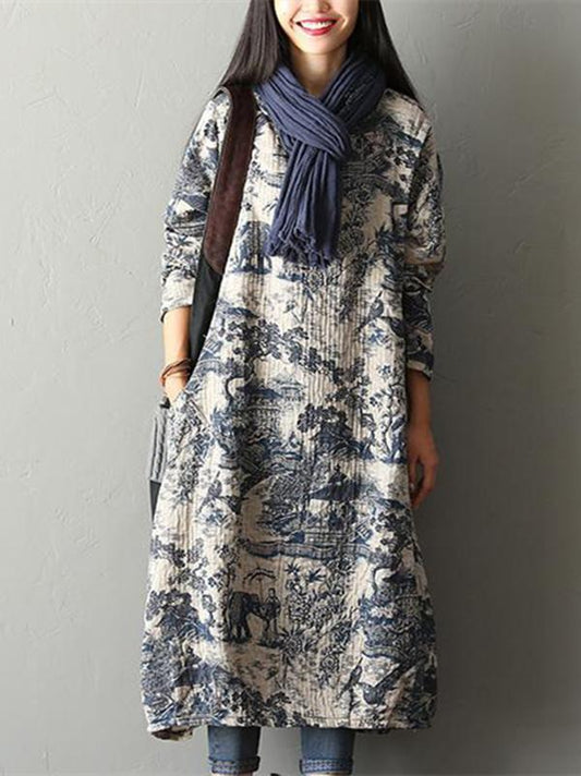 Print Loose Casual Pocket Linen Cotton Dress