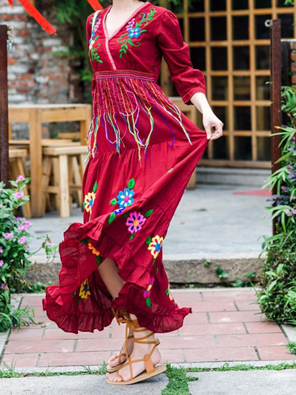 Boho Gypsy Floral Embroidery V Neck Maxi Dress