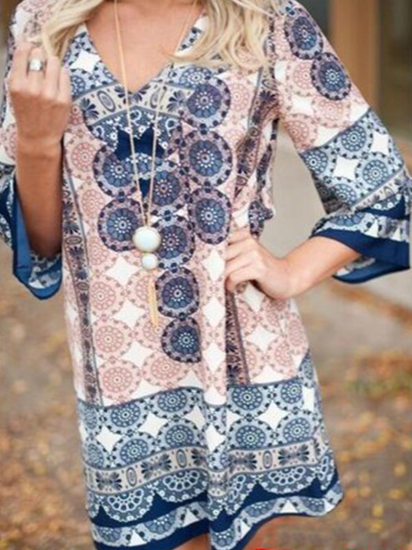 Causal Long Sleeve V Neck Plus Size Printed Mini Dress