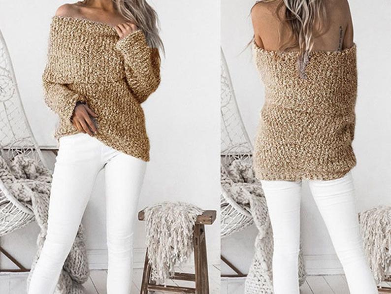 Knit Off Shoulder Long Sleeve Tops Sweater