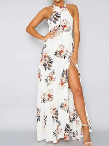 Sleeveless Polyester Halter Neck Floral Print Maxi Day Going Out Dress