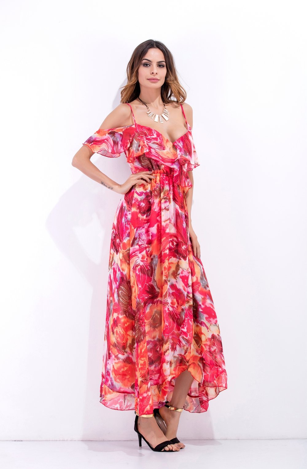 Sexy Spaghetti Strap Printed Chiffon Split Bohemia Maxi Dress