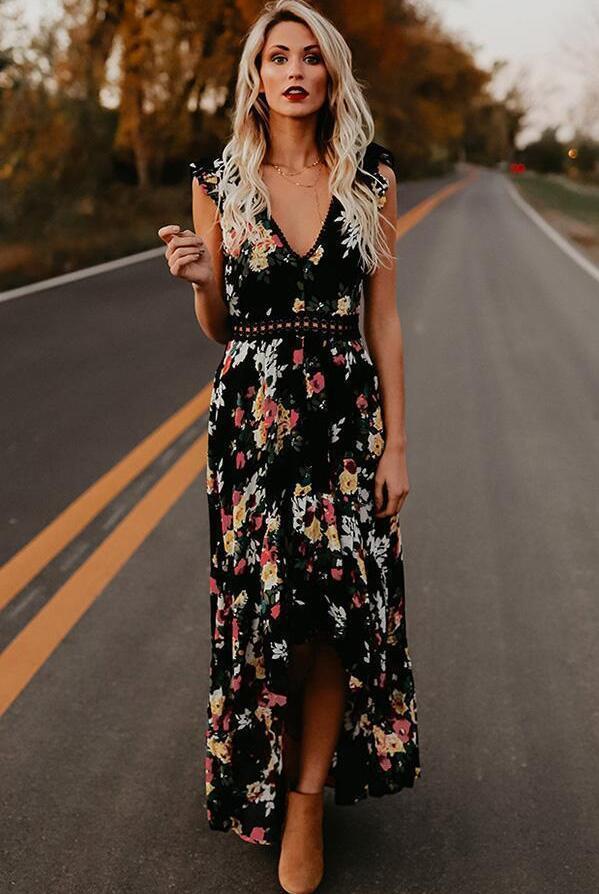 Sexy dress sleeveless V-neck print irregular long dress