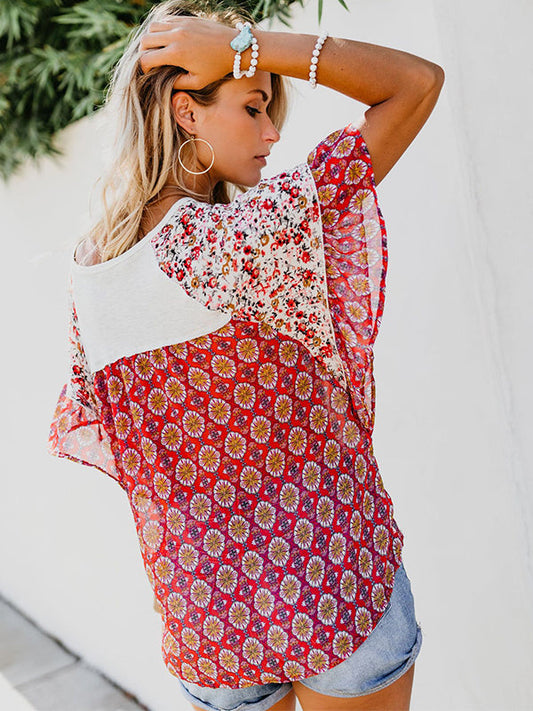 Boho Printed Geometric Irregularity Short-Sleeved Blouse Tops