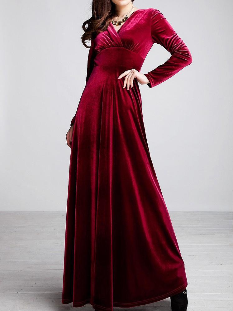 Velvet V Neck Long Sleeve High Waist Maxi Dress