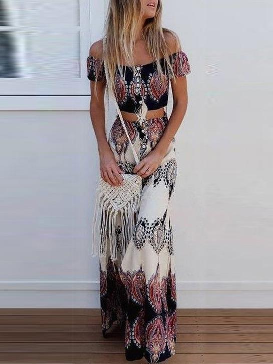 Print Off Shoulder Tube Top High Waist Skirt 2 Pieces Set