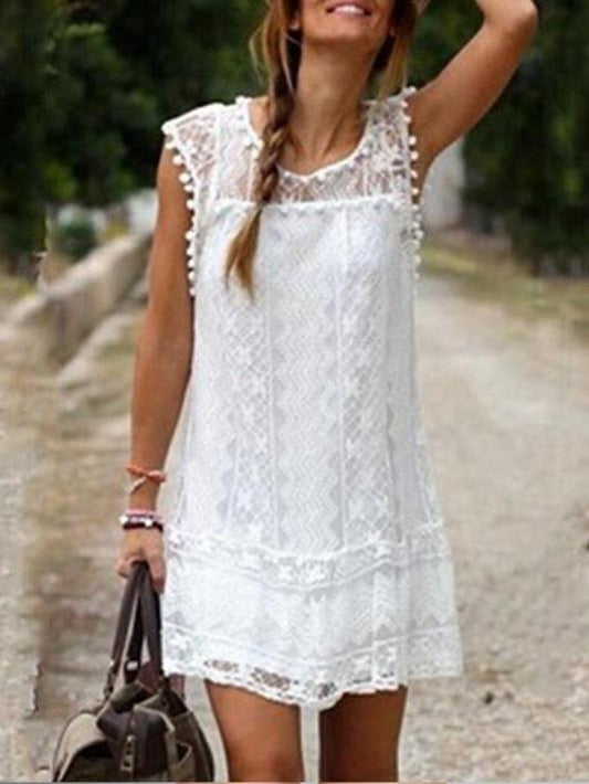 Round Neck Lace Casual Beach Mini Dress