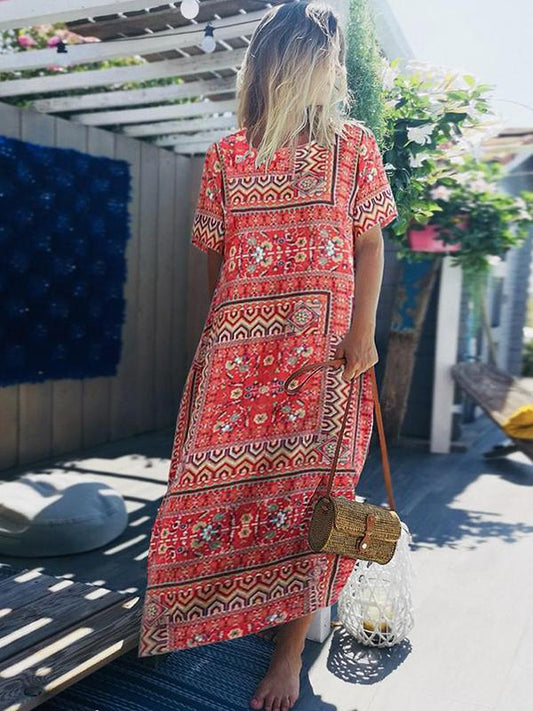 Casual Vintage Print Boho Summer Short Sleeve Plus Size Maxi Dress