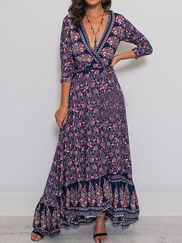 Print V Neck Side Split Bohemia Maxi Dress