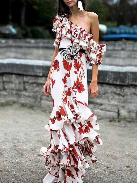 Bohemian One Shoulder Print Belt Dress