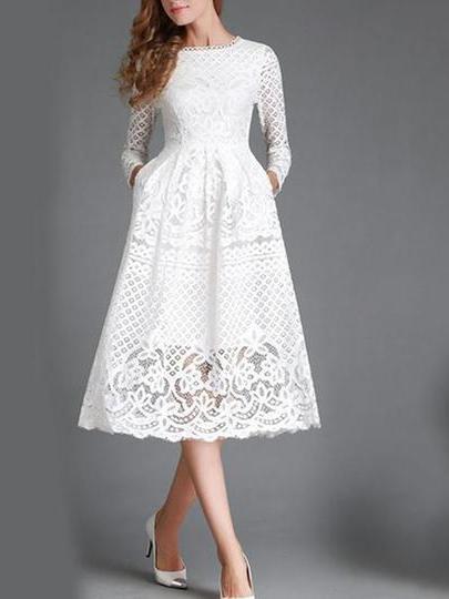 Lace Long Sleeve Hollow Pockets Dress