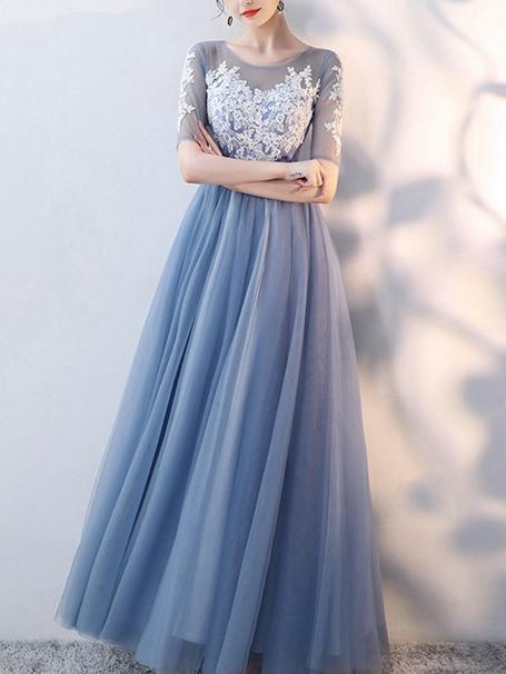 Gray Lace Graduation Bridesmaid  Party Evening Dress