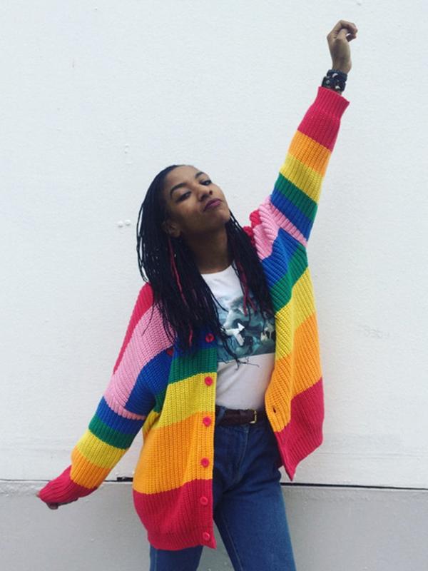 Colorful Rainbow Striped Long Sleeve Button Cardigan Sweater