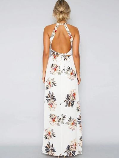 Sleeveless Polyester Halter Neck Floral Print Maxi Day Going Out Dress