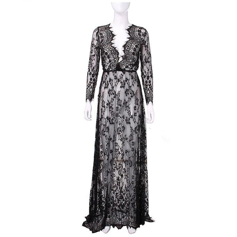 Sexy Lace Hollow Deep V Neck Long Sleeve Maxi Long Dress