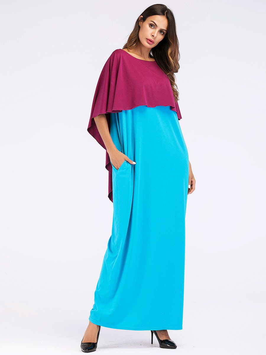 Fashion Contrast Color Asymmetry Cloak Patckwork Design Maxi Long Dress