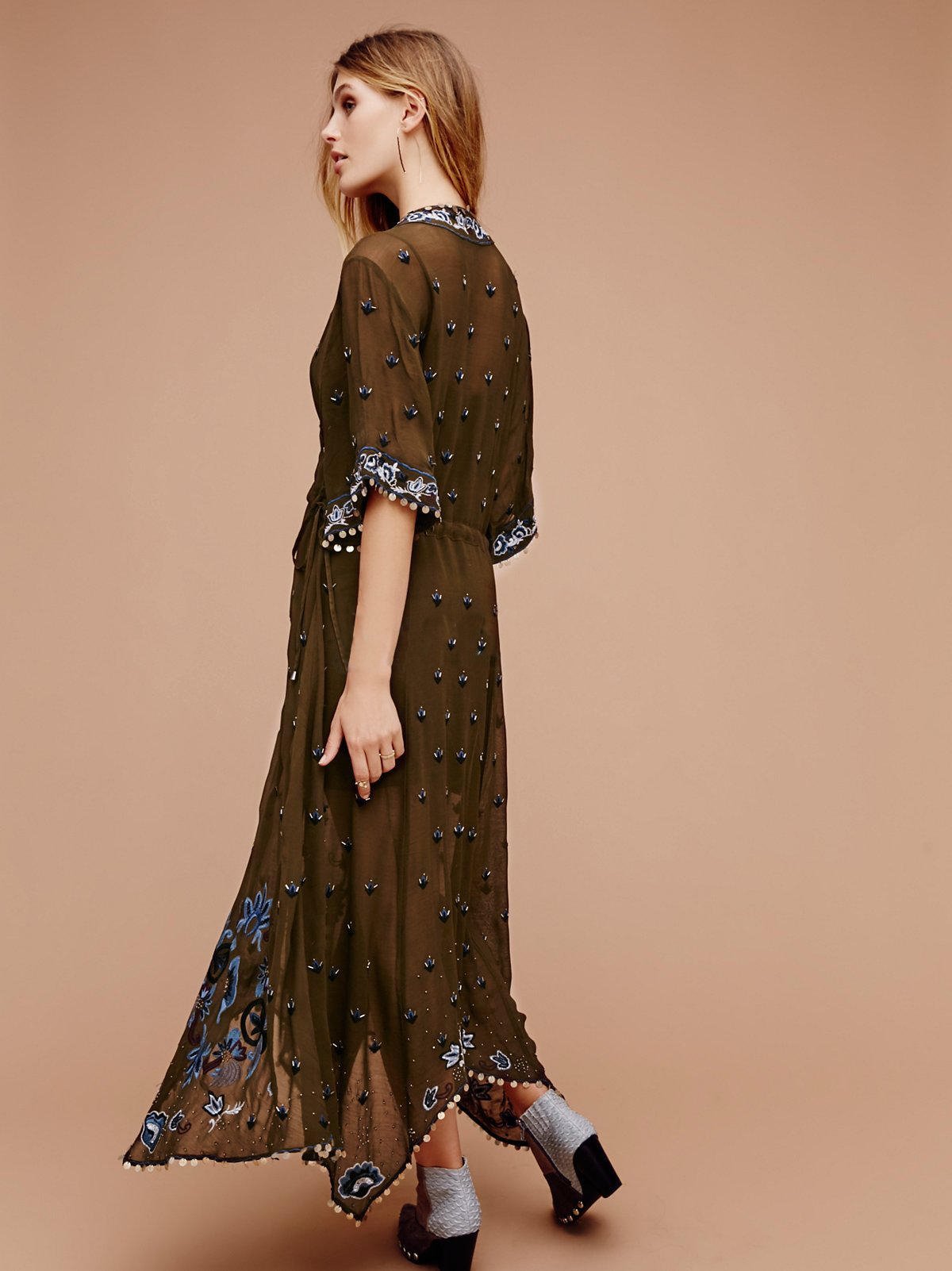 Print Embroidered V Neck Half Sleeve Button Maxi Dress