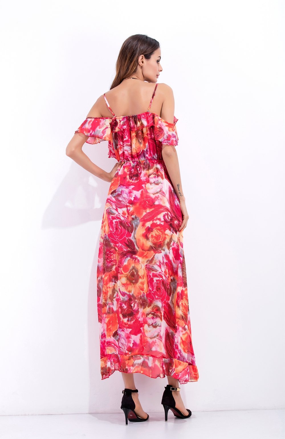 Sexy Spaghetti Strap Printed Chiffon Split Bohemia Maxi Dress