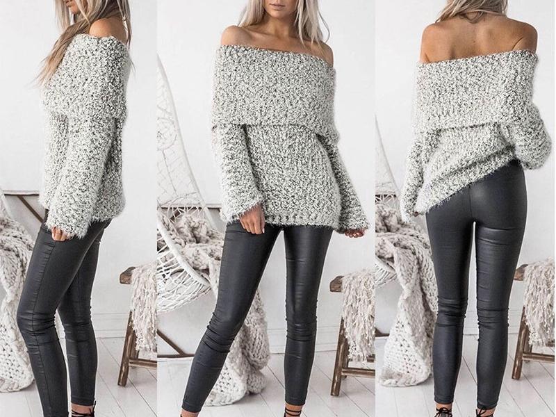 Knit Off Shoulder Long Sleeve Tops Sweater