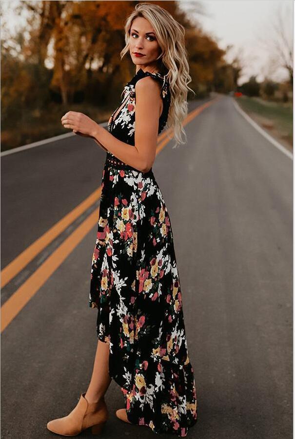 Sexy dress sleeveless V-neck print irregular long dress