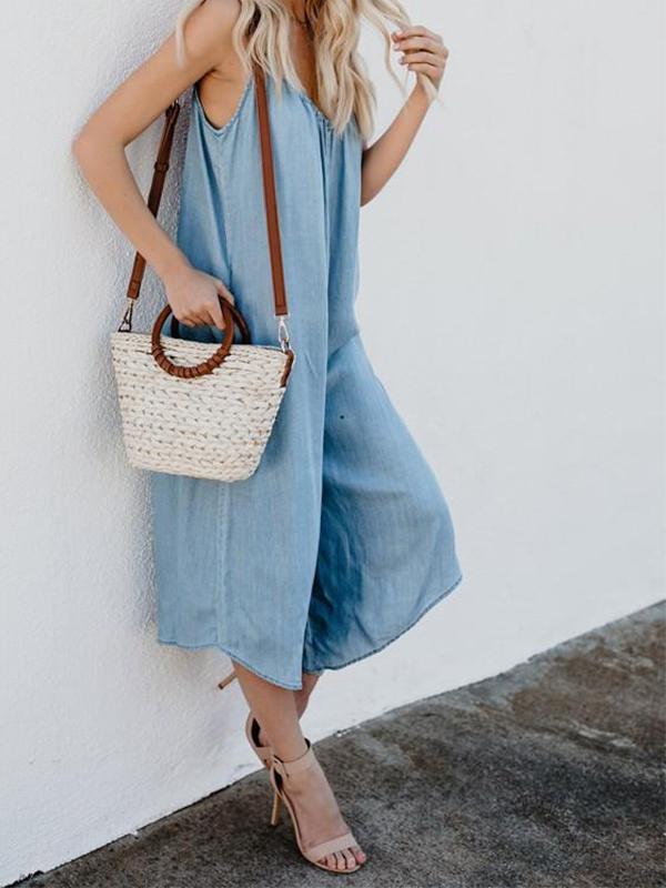 Casual Pockets Spaghetti Strap Backless V-neck Plus Size Blue Wide Leg Jumpsuit