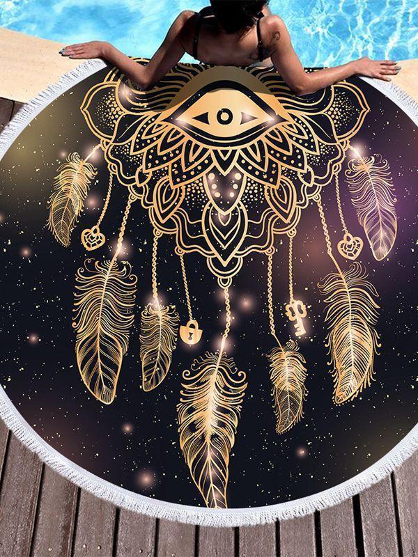 Dream Catcher Feather Round Yoga Mat Print Tassel Beach Towel