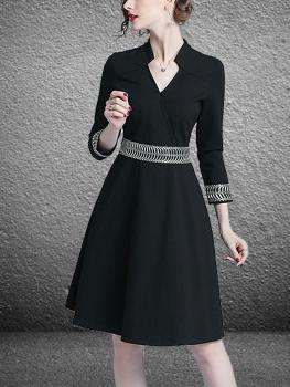 Autumn Black V-Neck Slim A-Line Skirt Midi Dress