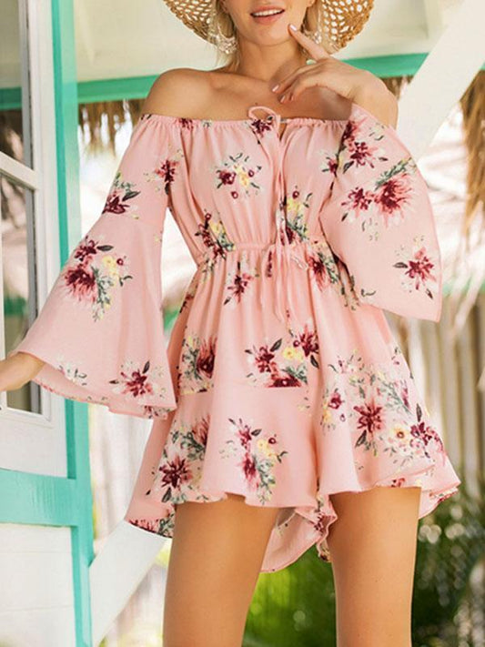 Floral Print Off Shoulder Long Sleeve High Waist Rompers