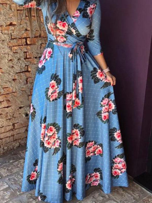 Long Sleeve Floral V Neck Slim Waist Maxi Dress with Belt