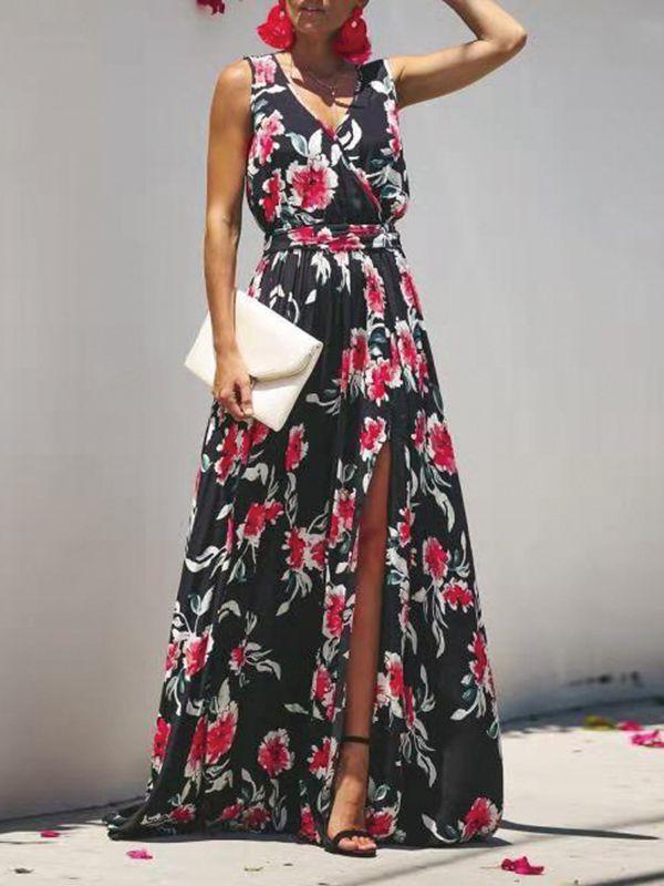 Bohemian Large Flower Print Slit V-Neck Sleeveless Large Swing Maxi Dress