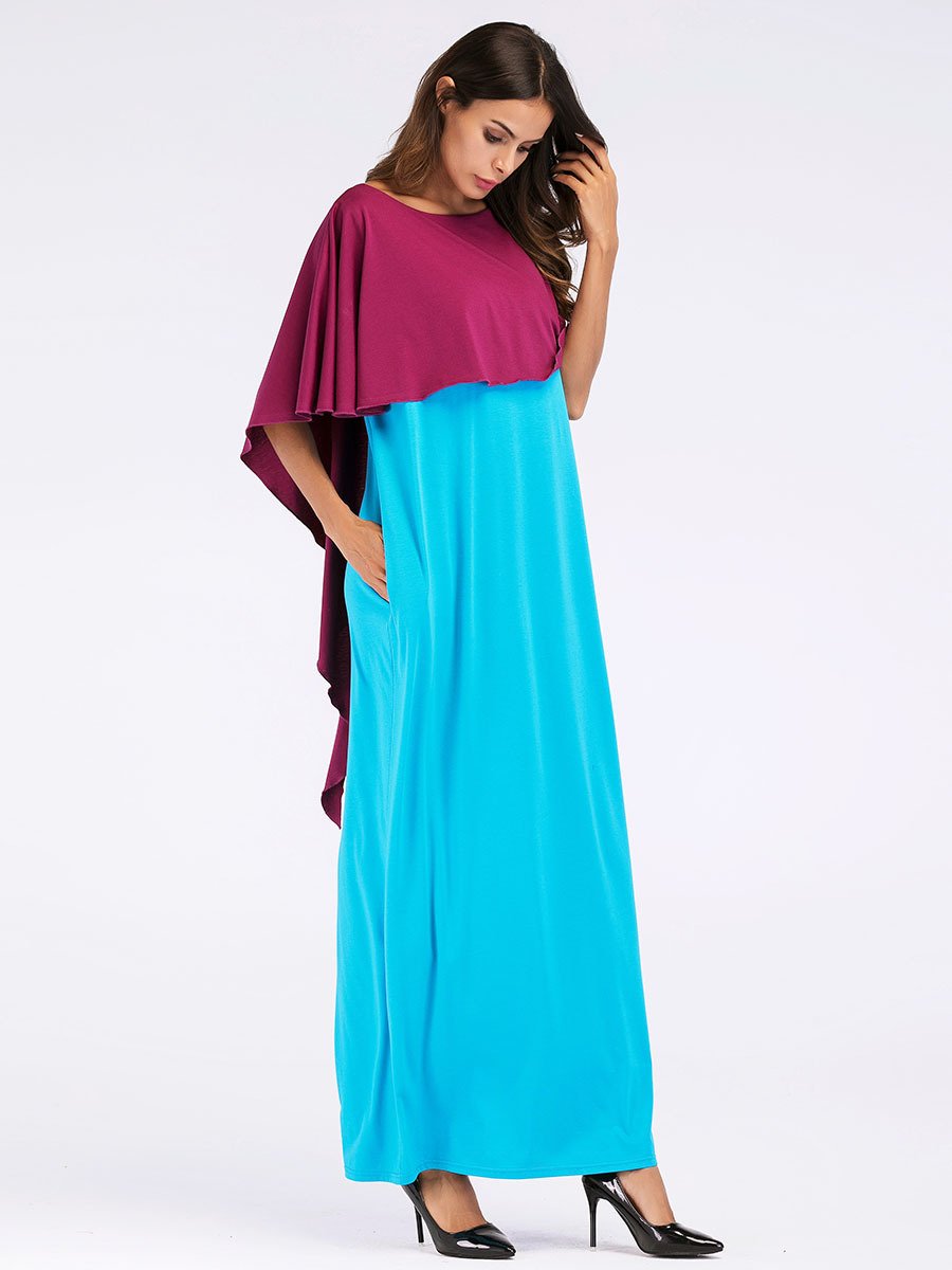 Fashion Contrast Color Asymmetry Cloak Patckwork Design Maxi Long Dress