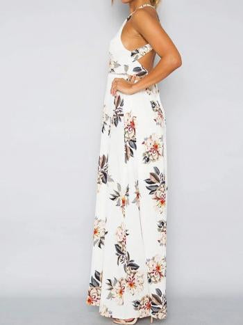 Sleeveless Polyester Halter Neck Floral Print Maxi Day Going Out Dress