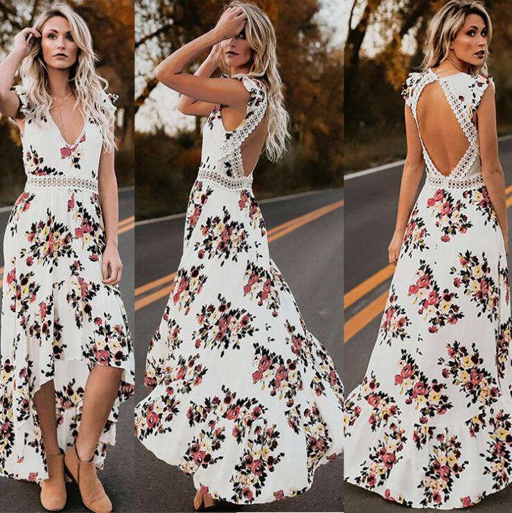 Sexy dress sleeveless V-neck print irregular long dress