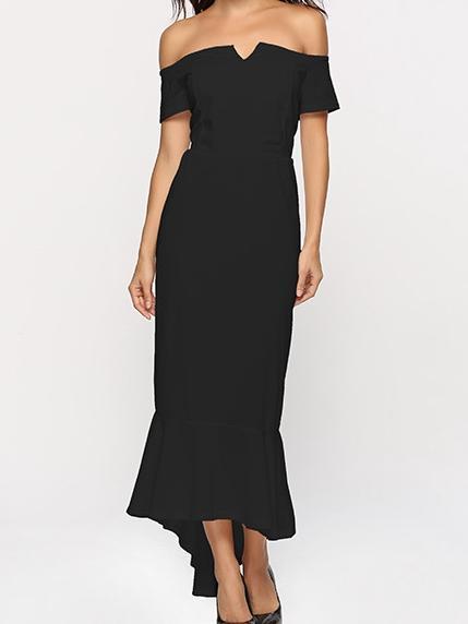 Solid Color Off Shoulder Irregular Evening Maxi Dress