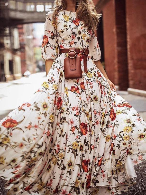 Floral Print Round Neck Bohemia Maxi Dress