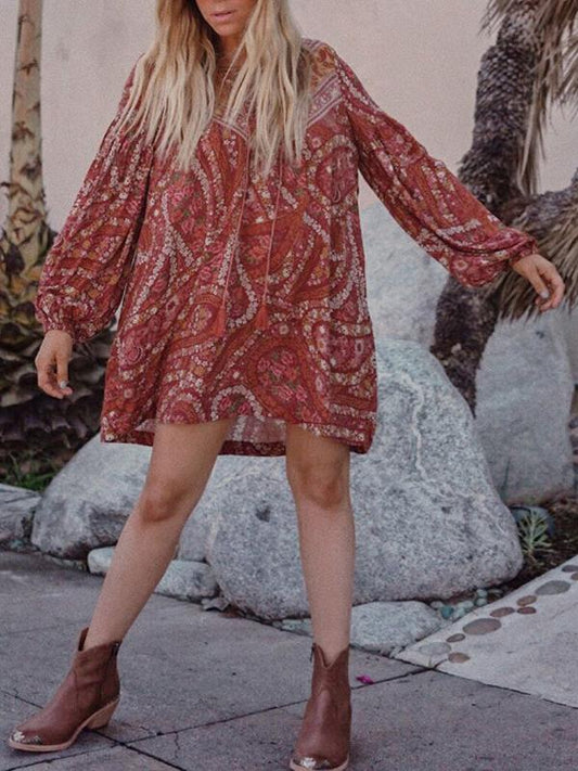 Retro Boho Lace Up V-Neck Floral Print Mini Dress